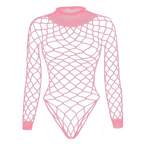 Tosmifairy Fishnet Bodysuit Top for Women Stretch One Piece Long Sleeve Mesh Rave Romper Body Suit - Pink - Image 1