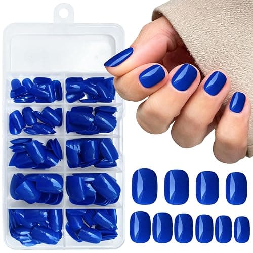 AddFavor Short Press on Nails Square Round Short Fake Nails Glossy Full Cover Acrylic Artificial Glue on Nails for Women, 240pcs/pack Royal Blue Nails with Sticky Tabs - Image 1