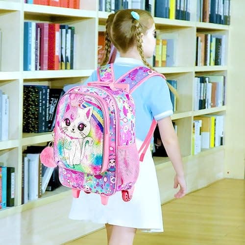 4PCS Kids Rolling Backpack for Girls, Cute Cat Sequin Wheeled Bookbag, Pink Roller School Bag with Wheels for Elementary Preschool Travel thumbnail 6