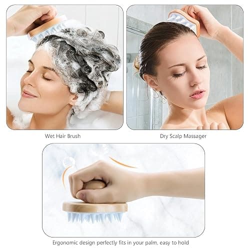Scalp Massager Shampoo Brush, Wooden Wet and Dry Hair Scalp Care Brush, Shower Brush Scalp Scrubber Exfoliator with Soft Silicone Bristles for Dandruff Removal, Hair Growth (White) thumbnail 6