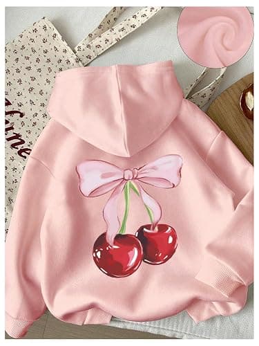 WDIRARA Girl's Cherry Graphic Hoodie Long Sleeve Hooded Sweatshirt Cute Pullovers Tops thumbnail 4