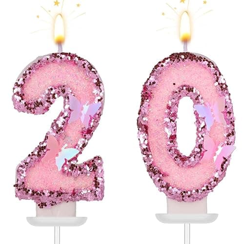 Girls Birthday Number 20 Candles, 2.95in Glitter Butterfly Happy Birthday Cake Toppers Pink Sequins Wedding Numeral Cupcake Decorations for Anniversary Celebration Party Supplies (20th) - Image 1