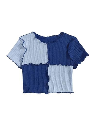 Milumia Girl's Rib Knit Color Block Crop Tee Short Sleeve Lettuce Trim Crewneck Tshirt - Image 1