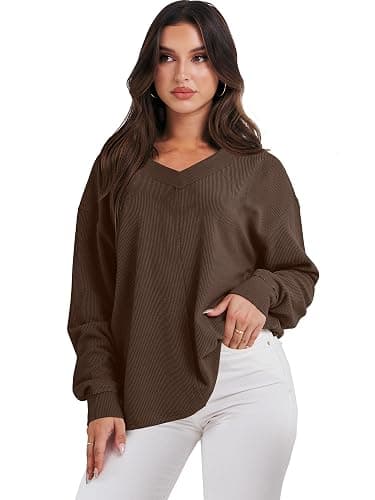 ANRABESS Oversized Long Sleeve Shirts for Women Off the Shoulder Sweatshirt Loose V Neck Tunic Tops High Low Sweater 2025 thumbnail 8