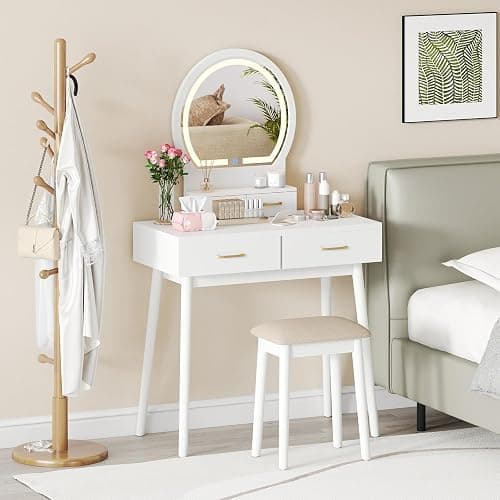 CHARMAID Vanity Desk with Mirror and Lights, Modern Makeup Vanity Table with 4 Drawers, 3-Color Dimmable LED Mirror, Girls Dressing Table and Stool Set for Small Bedroom (White) thumbnail 5