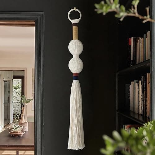 Macrame Wall Hanging Boho Decor Yarn Wall Art Small Sphericity Cotton Textile Tassel Hanging Fiber Art for Living Room Bedroom 27'' L x 2.3'' W - Ivory1 - Image 1