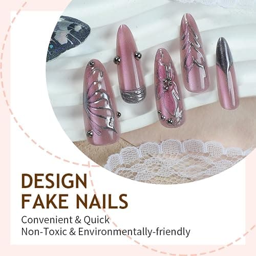 Auroriel 24 Stück Long Stiletto Press on Nails mit 3D Herz-, Blumen- & Schmetterlingsflügel Design Wiederverwendbare Acrylic Fake Nails Full Cover für Frauen Hochzeit Party Alltag thumbnail 3