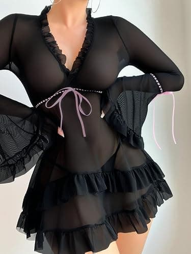 Verdusa Women's 2 Piece Babydoll Bow Lingerie Set Sheer Mesh Ruffle Long Sleeve Dress with Thong thumbnail 3