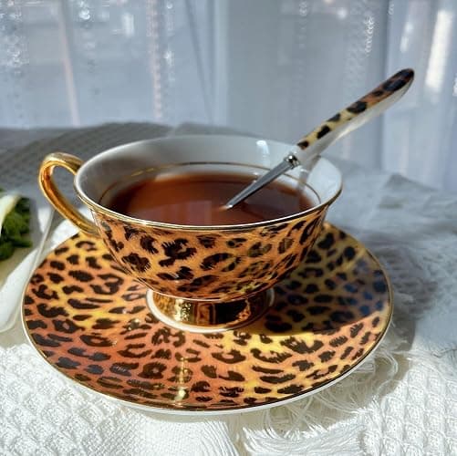 Eplze® YBK Tech Euro Style Bone China Cup& Saucer Set, Ceramic Tea Coffee Cup for Home Kitchen Wedding (Leopard Pattern) thumbnail 6