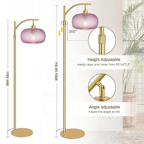 Duoled Glass Floor Lamp for Living Room, Modern Tall Standing Lamp with Pink Glass Lamp Shade, Dimmable Gold Tall Floor Lamp for Bedroom Office with Remote Control, 1 x 12W LED Bulbs Included thumbnail 5
