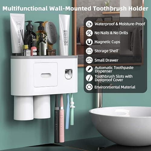 Toothbrush Holder Wall Mounted, Automatic Toothpaste Dispenser Squeezer Kit -Magnetic Toothbrush Holder for Bathroom and Vanity, 4 Brush Slots 2 Cups 1 Cosmetic Drawer - Grey - 2 cups thumbnail 2
