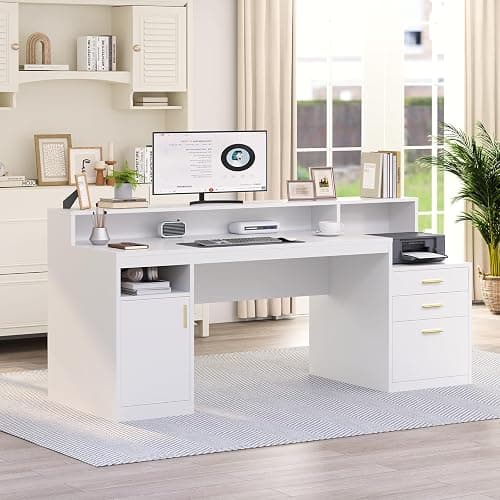 YOMILUVE Computer Desk with 3 Drawer & Storage Shelves, Home Office Desk with File Drawer & Cabinet, Writing Study Table with Long Monitor Stand & Printer Shelf, Executive Desk, White thumbnail 8