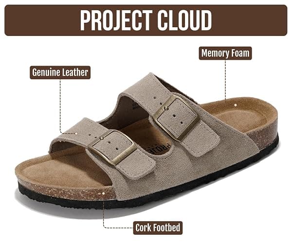 Project Cloud 100% Genuine Leather Flat Sandals For Women 2026 Cork Footbed Womens Sandals with Memory Foam and arch support Vacation Essentials Slides for Women Footwear (Venita) thumbnail 3