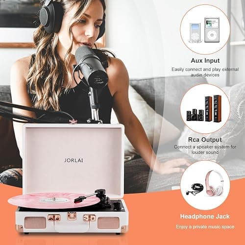 JORLAI White Stylish Record Player 3-Speed Portable Suitcase Turntable with Bluetooth, 3.5mm Audio Jack Vinyl Phonograph with Built-in Speakers/Battery 3.5mm Aux-in/RCA Line Out - White Rose thumbnail 6