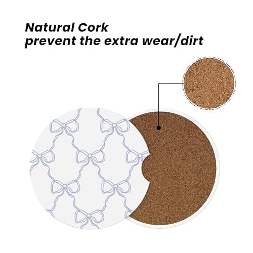 Blue Bow Car Cup Coaster 2 Pack Ceramic Absorbent Car Coasters 2.56 Inch Non-Slip Car Cup Holder Interior Car Accessories for Women Girls Cup Mats with Cork Base and Finger Notch thumbnail 6