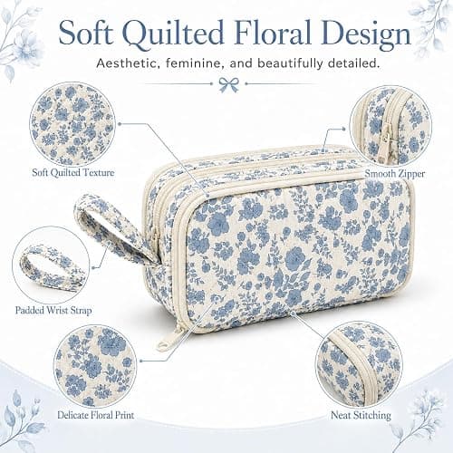 Shirabags Cute Quilted Pencil Case for Girls, 3 Compartment Organizer | Large Capacity Pencil Case,Soft Quilted Floral Design with 3 Zipper Compartments For School Office Travel (Blue Floral) thumbnail 4