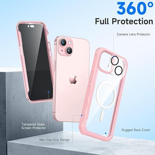 seacosmo for iPhone 15 Case, Full Body Bumper with Built-in 9H Tempered Glass Privacy Screen and Camera Lens Protector, Compatible with MagSafe, Shockproof 15 Phone Case, 6.1", Pink thumbnail 4