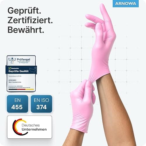 ARNOMED Einweghandschuhe Pink 100 Stück/Box, Nitrilhandschuhe M, Einmalhandschuhe, Handschuhe Einweg puderfrei, latexfreie Gummihandschuhe, Einweghandschuhe in XS, S, M & L verfügbar thumbnail 4