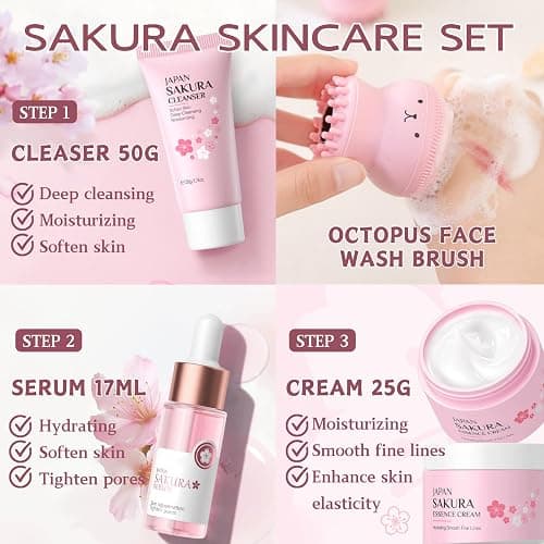 Skincare Set Sakura Teen Girls Gifts - Skin Care Set - Skincare for Teens 10-12 Hydrating - Travel Size Facial Kit for Women with Cleanser,Serum,Cream,Bunny Headband,Cleansing Brush（5pcs） thumbnail 2