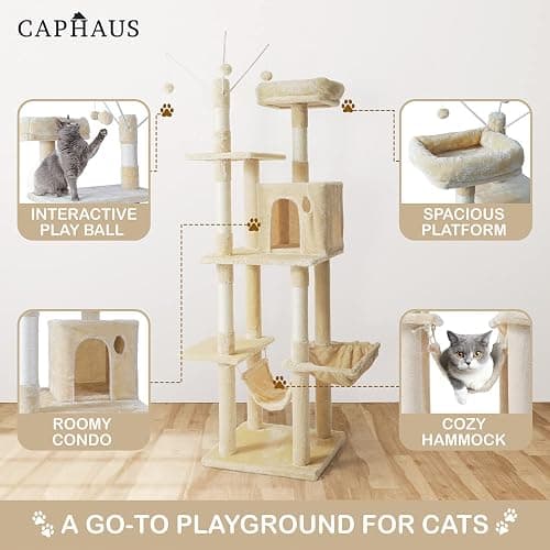 CAPHAUS 70-Inch Multi-Level Tall Cat Tree with Cute Top Perch, Scratching Posts, Cat Activity Tree w/Modern Hammock, Cat Cave Condo for Large Cats Kittens Tall Cat Climbing Play Tower thumbnail 3