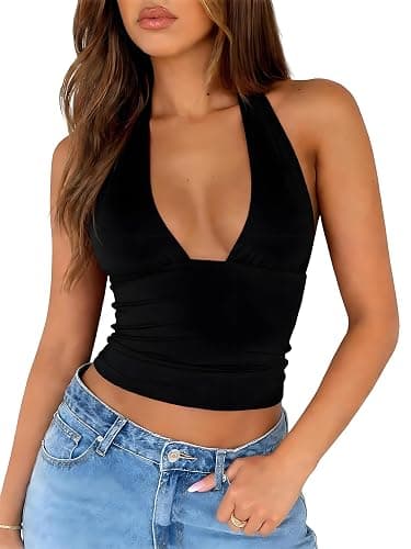 ForeFair Women Sexy Halter Neck Backless Going Out Crop Tank Top Deep V Neck Open Back Sleeveless Slim Fit Y2k Summer Tops thumbnail 5