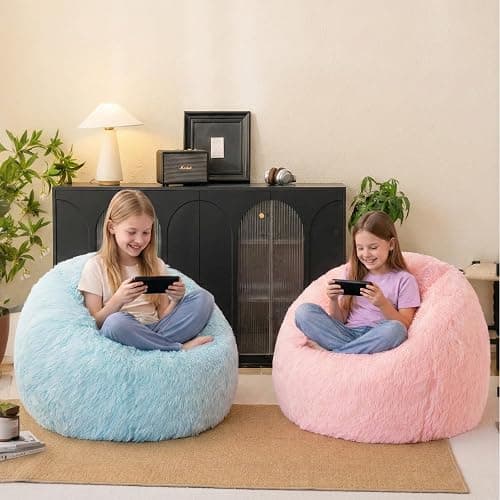 Pink fluffy bean bag chair covers (No Filler), comfy Plush Pink bean bag chair Cover for bedroom, stuffed animal Storage, kids adults teens girls bean bag chairs, Anti-Slip thumbnail 6
