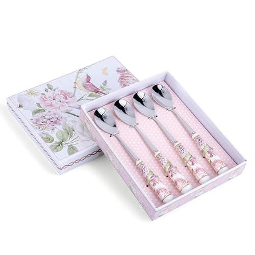 Birds in Rose Garden Coffee/Tea Spoon with Ceramic Handle Set of 4 in Gift Box - Image 1