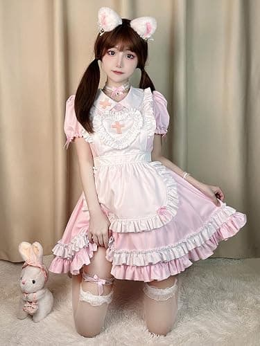 Ulalaza Gothic süße Mädchen Prinzessin Puppenkragen Spitze Schürze Retro Rüschentaschen mit Kopfschmuck Französisch Maid Kostüm thumbnail 4