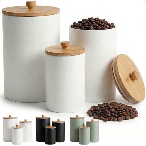 Ceramic Kitchen Canisters for Countertop Set of 3 with Airtight Bamboo Lids - White Kitchen Canisters with Airtight Lids - Flour Sugar Canister Set - Flour and Sugar Containers Farmhouse - Coffee Jar - Image 1