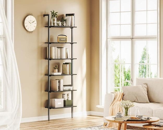 ODK 6-Tier Ladder Shelf, 87 Inches Wall Mounted Ladder Bookshelf with Metal Frame, Open Industrial Shelves for Home Office, Bedroom and Living Room, Black - 12"D x 24"W x 87"H - Black thumbnail 2