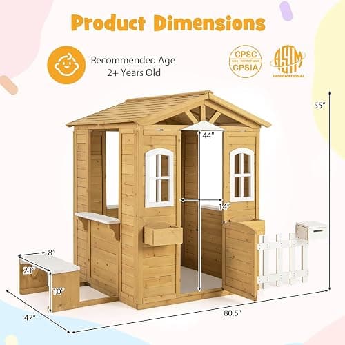 Costzon Outdoor Playhouse, Fir Wood Patio Pretend Play Center w/Bench, Mailbox, Fence, Serving Stations, Flowerpot Holders, Windows & Door, Children Play House for 2+ Years Old Kids thumbnail 3