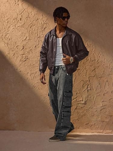 Verdusa Men's Leather Jacket Zip Up Collared Bomber Jackets with Pockets | Leather Jacket Men, Motorcycle Jacket, Zip Up Bomber Jacket, Concert Outfits, Streetwear Men thumbnail 6