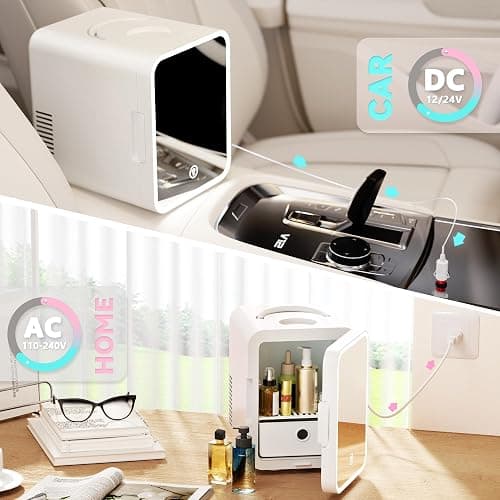 EUHOMY Mini Fridge, 5L AC/DC Small Refrigerator with Dimmable LED Mirror, Portable Cooler and Warmer for Skin Care, Cosmetics, Beverage, 5L Makeup Mini Skincare Fridge for Bedroom, Car, Office, White thumbnail 7