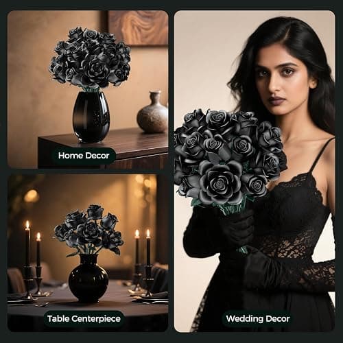 CLMTAS 12 PCS Black Roses Bouquet Building Set, Eternal Artificial Flowers, Gothic Retro Botanical Collection Decor Flower, Christmas Romantic Gift, Anniversary & Home Decor, No Vase thumbnail 3