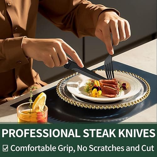 EWFEN 24-Piece Black Silverware Set with Steak Knives, Black Flatware Set for 4, Food-Grade Stainless Steel Tableware Cutlery Set, Mirror Finished Utensil Sets for Home Restaurant, Round Edge thumbnail 4
