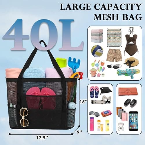 Fammart Mesh Beach Bag, Large Beach Tote with Zipper Pocket, Toys Pool Bag for Family Travel Vacation Cruise Essentials thumbnail 4