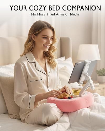 Tablet Pillow Stand, Compatible with 5"-12.9" Kindle, iPad, Phone/Tablet, Google, Samsung, 360° Rotating Phone Holder for Bed, Soft Plush Fabric, Detachable Bowl, Reading and Relaxation on Bed, Pink thumbnail 3