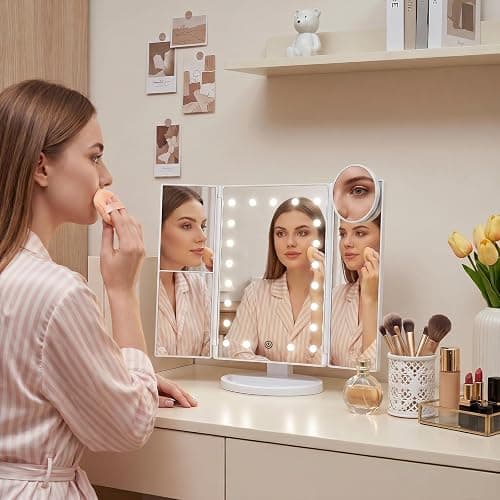 HUONUL Makeup Mirror, Vanity Mirror with Lights, 2X/3X/10X Magnification, Touch Control, Trifold, Dual Power Supply, Birthday Gifts for Women, Wife, Mom, Girls,Dorm Room Essentials thumbnail 5