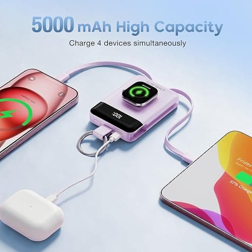 CHALIGTI 5000mAh Portable Charger w/Display,20W Power Bank&iWatch Charger | Super Fast Charging,Built-in Cables,Travel Keychain Battery Pack for Apple Watch 1~11 Series/Ultra/SE,iPhone Air/12~17,Purple thumbnail 2