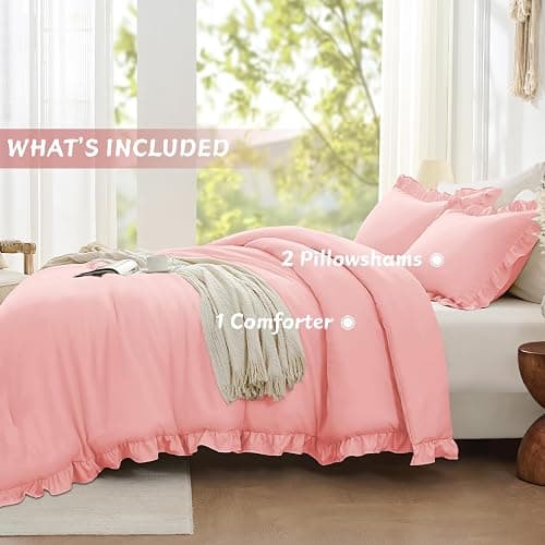 FUANNA Pink Queen Comforter Set, 3 Pieces Ruffle Queen Bed Set, Fluffy Bed in a Bag Queen for All Seasons, Shabby Chic Bedding Comforter Sets with 1 Lightweight Comforter & 2 Pillowshams thumbnail 7