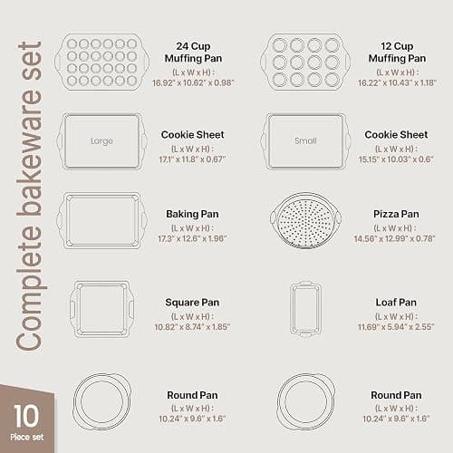 Baking Set – 10 Piece Kitchen Oven Bakeware Set – Deluxe Non-Stick Blue Coating Inside and Outside – Carbon Steel – Red Silicone Handles – PFOA PFOS and PTFE Free by Bakken,Black thumbnail 2