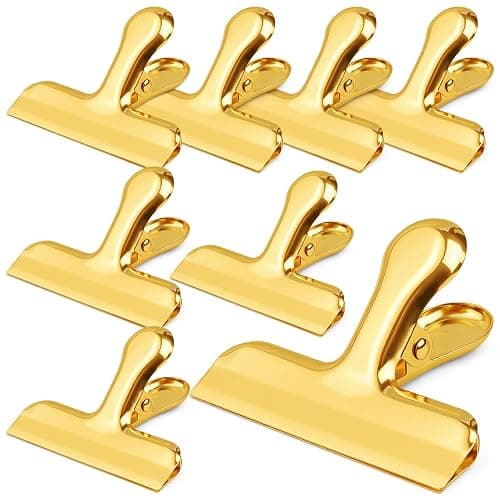 Funfery Gold Chip Clips Bag Clips Large Stainless Steel Clip for Food Storage,Air Tight Seal Chip Bag Clip 3 Inch Strong Food Clipp for Snack,Chips,Kitchen Decor,Home&Office Paper Heavy Duty-8 Pack - Image 1