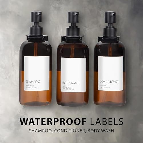Stylish Shampoo & Conditioner Dispenser Set of 3 - Wall Mount, Drill Free | Modern 21oz Shower Soap Bottles with Labels - Easy Refill Body Wash Dispensers for an Instant Bathroom Decor Upgrade thumbnail 8