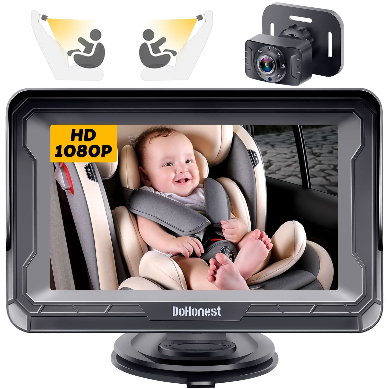 DoHonest Baby Car Camera HD 1080P with Display - Infant Safety Seat Baby Car Mirror for Rear Facing 5 Mins Easy Installation Night Vision V33 Black - Image 1