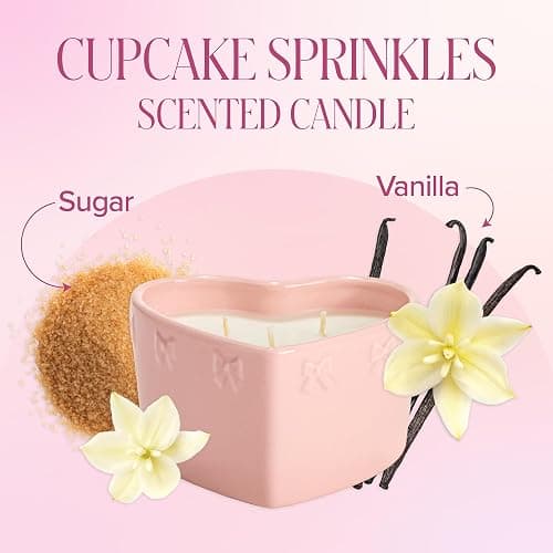 Paris Hilton Cupcake Sprinkles Scented Candle, Pink Heart-Shaped Ceramic Vessel with Embossed Bow Detail, Premium Plant Wax Blend, 3-Wicks, 12-Ounce thumbnail 3