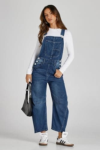 PLNOTME Womens Denim Bib Overalls Barrel Leg Adjustable Strap Jean Jumpsuit | 90s Outfits,Baggy Jumpers,Loose Overalls with Pockets thumbnail 5