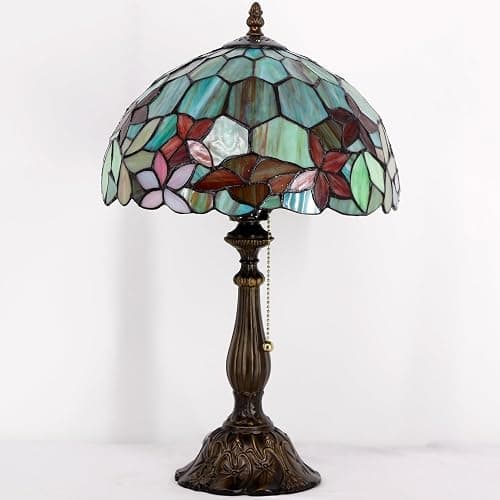 ZJART Tiffany Table Lamp Stained Glass Lamp 12X12X19 Inch Antique Reading Light (Red Green Flowers) thumbnail 2