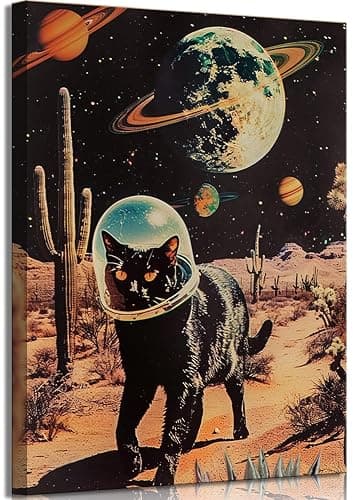 Ijeroain Black Space Cats Wall Art Funny Cat Wall Decor Pictures Cat astronaut painting artwork Cosmic planet Whimsical Print for Boys and Girls Room Bedroom home decoration 16x24in Canvas - Image 1