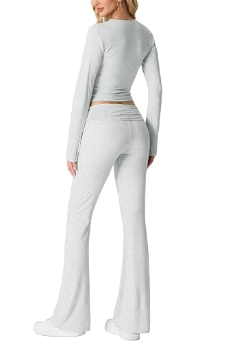 IWOLLENCE Hausanzug Damen Jogginganzug Set Lounge Set 2 Teiler Sportanzug Damen Y2K Outfit Homewear mit Crop Top und Schlaghosen thumbnail 6