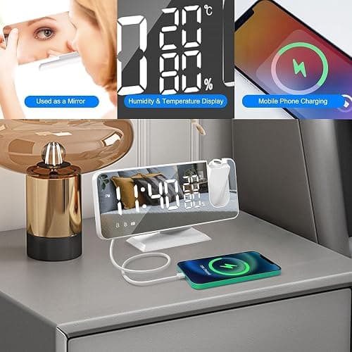 Projection Alarm Clock, Beedove Digital Clock with 180° Rotatable Projector, USB Charger Port, Dimmer, LED Large Mirror Display, Timer, Snooze, 12/24H, Digital Alarm Clock for Bedroom (White) thumbnail 7